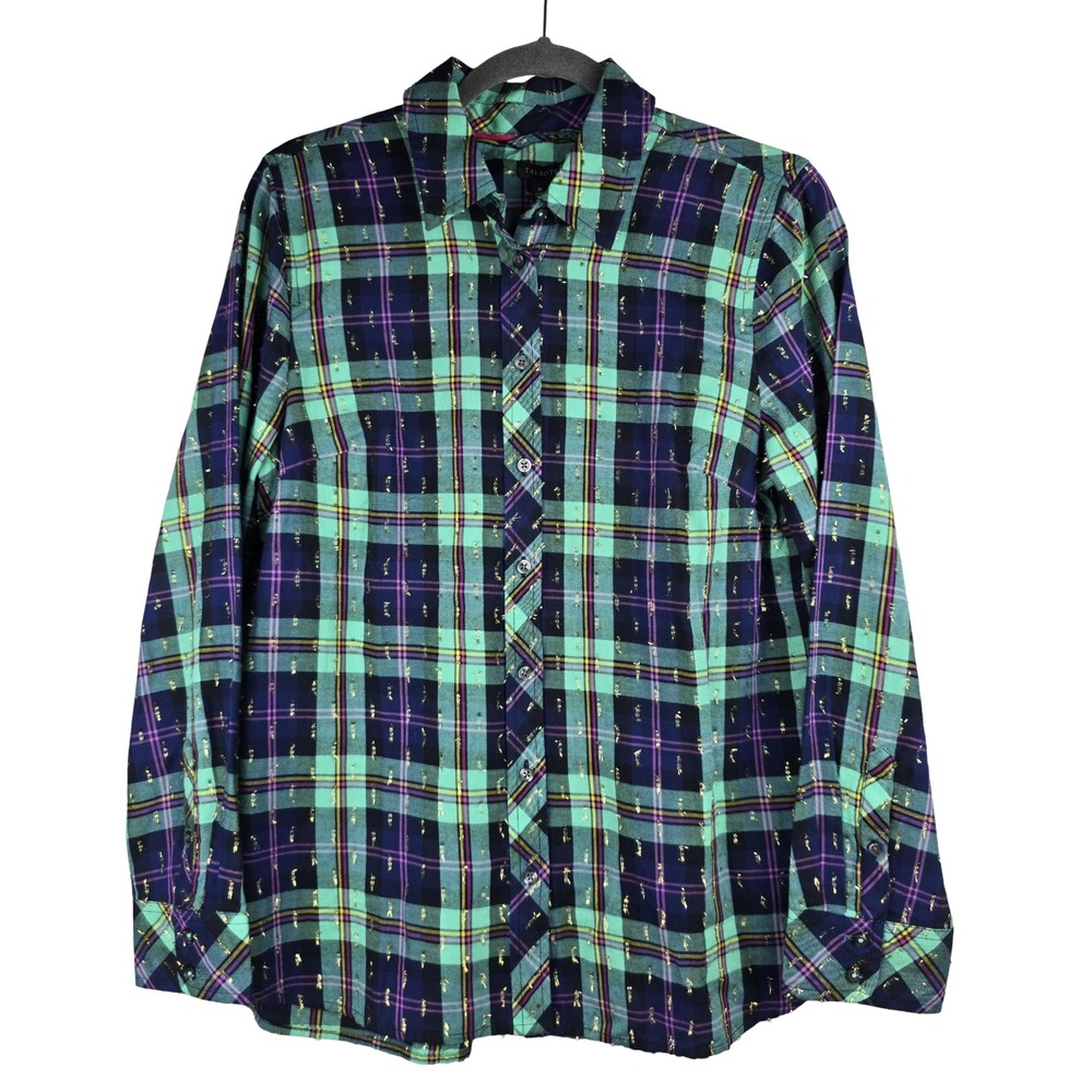 Talbots Plaid Button Down Shirt Women M Green Navy Purple Gold Metallic NWT